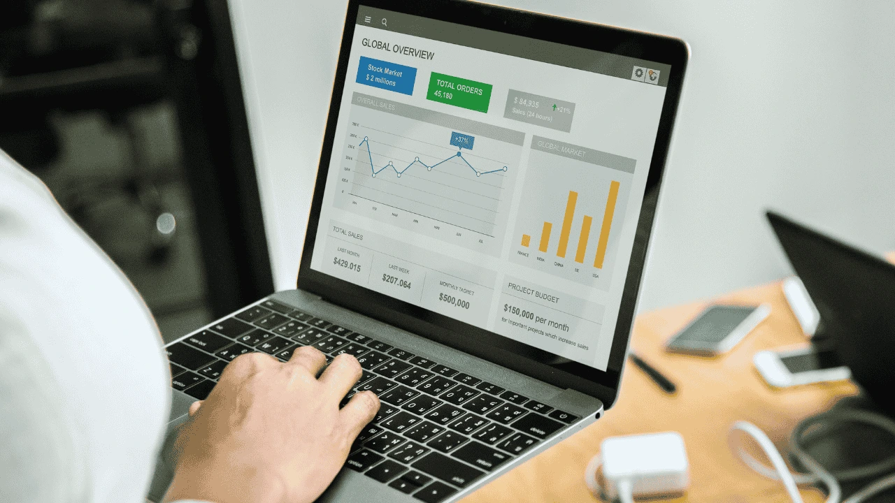 Person analysing sales and expense data on a laptop dashboard — relevant to allowable business expenses Ireland 2025.