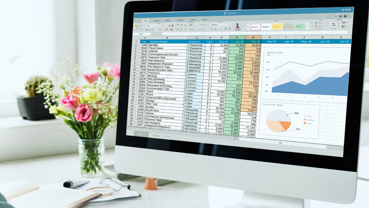 Computer screen displaying financial spreadsheet and charts using online accounting software for small business