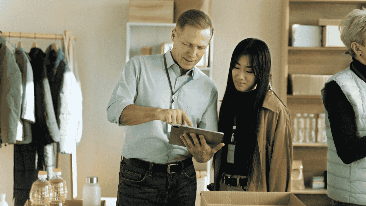 Business mentor guiding a young entrepreneur using a tablet — teamwork for meaningful business growth.