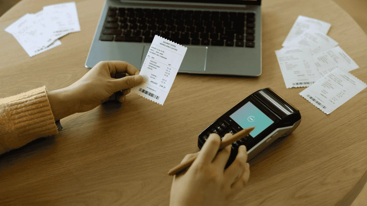 Hands reviewing receipts with a card reader and laptop, showing why it’s important to Separate Business and Personal Finances in Ireland.